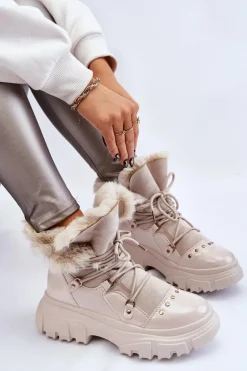 Damskie Botki Z Futerkiem Sznurowane Jasnobeżowe Merron