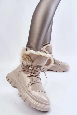 Damskie Botki Z Futerkiem Sznurowane Jasnobeżowe Merron