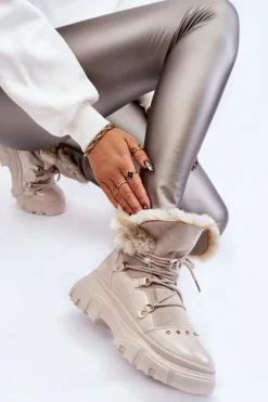 Damskie Botki Z Futerkiem Sznurowane Jasnobeżowe Merron