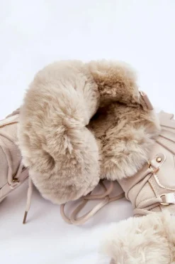 Damskie Botki Z Futerkiem Sznurowane Jasnobeżowe Merron