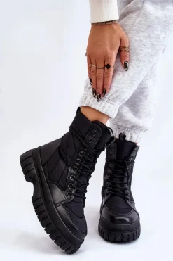 Damskie Botki Z Ociepleniem Sznurowane Czarne Ariadna