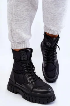 Damskie Botki Z Ociepleniem Sznurowane Czarne Ariadna