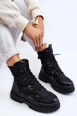 Damskie Botki Z Ociepleniem Sznurowane Czarne Ariadna