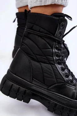 Damskie Botki Z Ociepleniem Sznurowane Czarne Ariadna