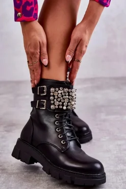 Damskie Botki Z Ozdobami Wiązane Czarne Leonese