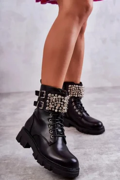 Damskie Botki Z Ozdobami Wiązane Czarne Leonese