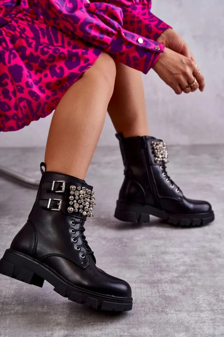 Damskie Botki Z Ozdobami Wiązane Czarne Leonese