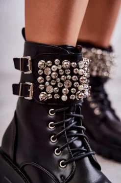 Damskie Botki Z Ozdobami Wiązane Czarne Leonese