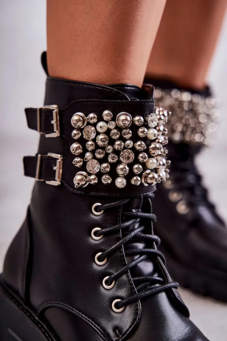 Damskie Botki Z Ozdobami Wiązane Czarne Leonese