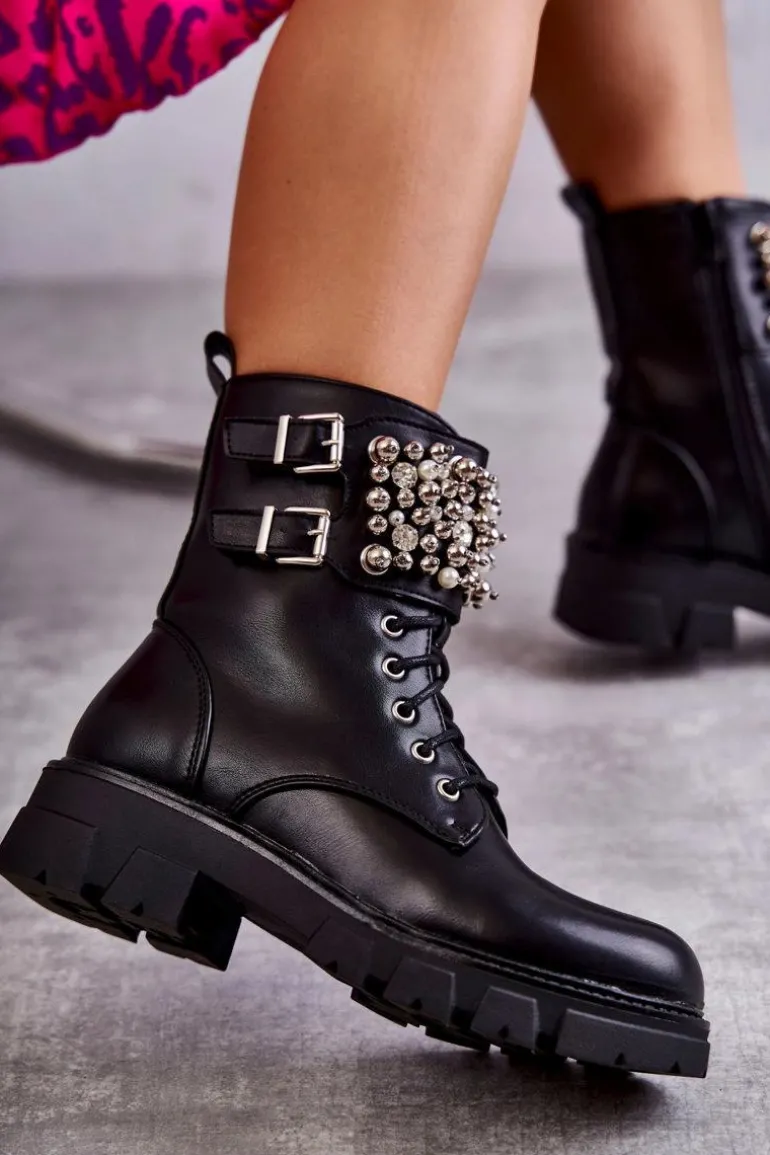 Damskie Botki Z Ozdobami Wiązane Czarne Leonese