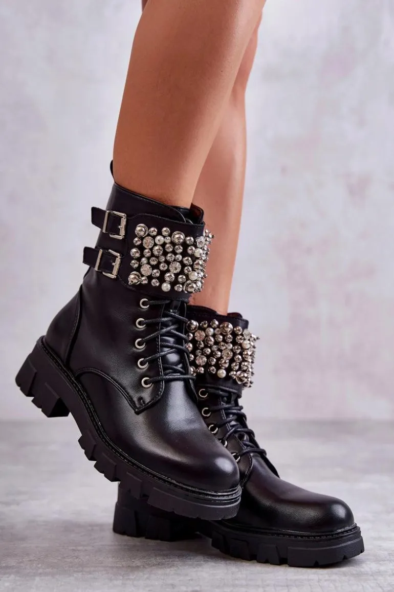 Damskie Botki Z Ozdobami Wiązane Czarne Leonese