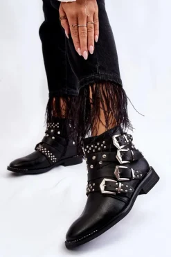 Damskie Botki Z Paskami I Ćwiekami Czarne Ramso