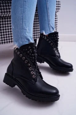 Damskie Botki Z Perełkami Ciepłe Czarne Memer