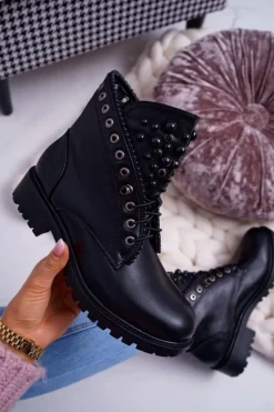 Damskie Botki Z Perełkami Ciepłe Czarne Memer
