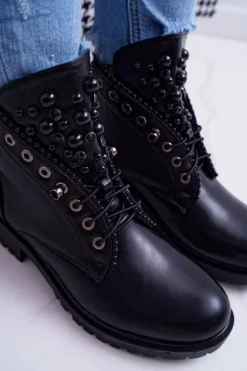 Damskie Botki Z Perełkami Ciepłe Czarne Memer