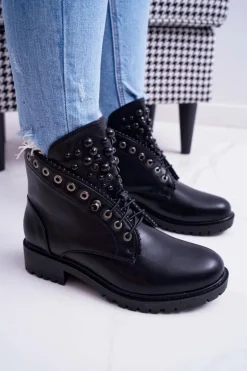 Damskie Botki Z Perełkami Ciepłe Czarne Memer