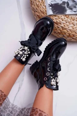 Damskie Botki Z Perełkami Ocieplane Wstążka Sia