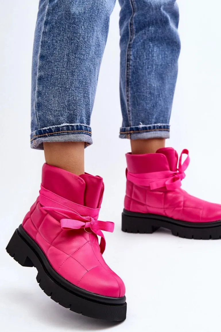 Damskie Botki Z Pikowaniem I Wiązaniem Różowe Bizzanti