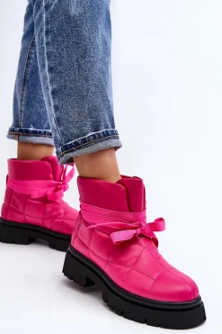 Damskie Botki Z Pikowaniem I Wiązaniem Różowe Bizzanti