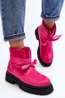 Damskie Botki Z Pikowaniem I Wiązaniem Różowe Bizzanti