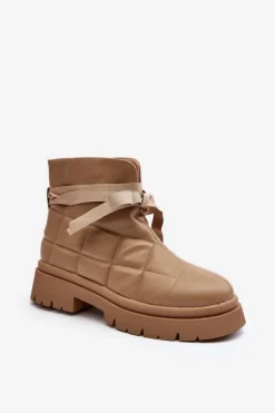 Damskie Botki Z Pikowaniem I Wiązaniem Khaki Bizzanti