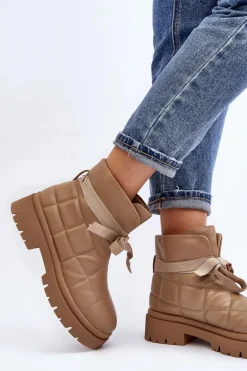 Damskie Botki Z Pikowaniem I Wiązaniem Khaki Bizzanti