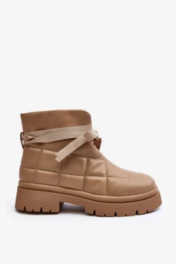 Damskie Botki Z Pikowaniem I Wiązaniem Khaki Bizzanti