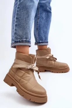 Damskie Botki Z Pikowaniem I Wiązaniem Khaki Bizzanti