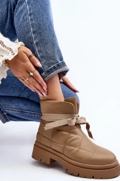 Damskie Botki Z Pikowaniem I Wiązaniem Khaki Bizzanti