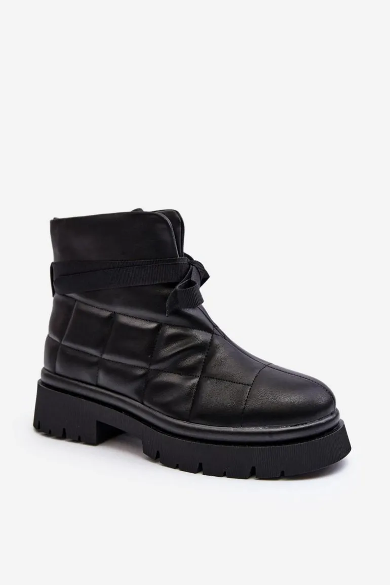 Damskie Botki Z Pikowaniem I Wiązaniem Czarne Bizzanti