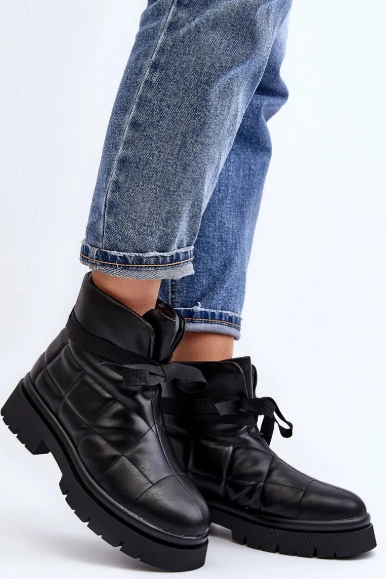 Damskie Botki Z Pikowaniem I Wiązaniem Czarne Bizzanti