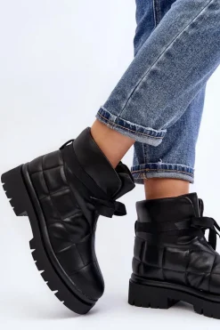 Damskie Botki Z Pikowaniem I Wiązaniem Czarne Bizzanti