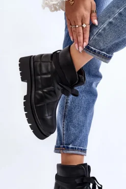 Damskie Botki Z Pikowaniem I Wiązaniem Czarne Bizzanti