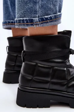 Damskie Botki Z Pikowaniem I Wiązaniem Czarne Bizzanti