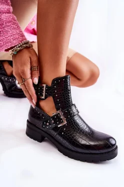 Damskie Botki Z Wycięciami Wężowe Czarne Santhana