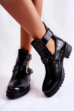 Damskie Botki Z Wycięciami Wężowe Czarne Santhana