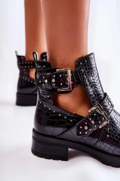 Damskie Botki Z Wycięciami Wężowe Czarne Santhana