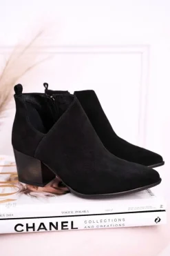 Damskie Botki Z Wycięciem Na Słupku Zamszowe Czarne Lawrence