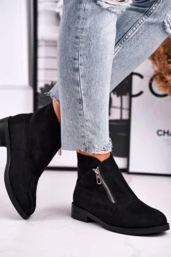 Damskie Botki Z Zamkiem Zamszowe Czarne Juno