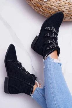 Damskie Botki Zamszowe Nity Klamry Czarne Berugio