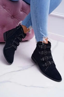 Damskie Botki Zamszowe Nity Klamry Czarne Berugio