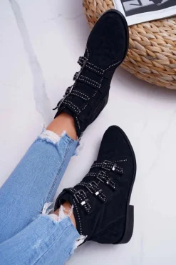 Damskie Botki Zamszowe Nity Klamry Czarne Berugio