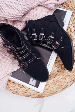 Damskie Botki Zamszowe Nity Klamry Czarne Berugio