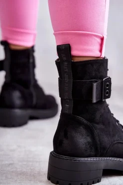 Damskie Botki Zamszowe Sznurowane Na Płaskim Obcasie Czarne Firmina