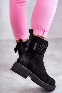 Damskie Botki Zamszowe Sznurowane Na Płaskim Obcasie Czarne Firmina