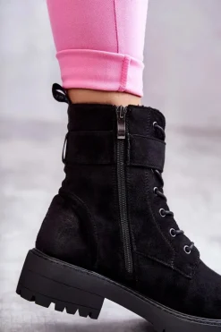 Damskie Botki Zamszowe Sznurowane Na Płaskim Obcasie Czarne Firmina