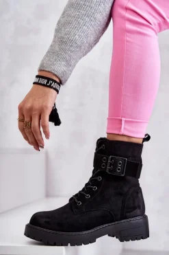 Damskie Botki Zamszowe Sznurowane Na Płaskim Obcasie Czarne Firmina