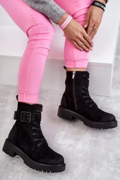 Damskie Botki Zamszowe Sznurowane Na Płaskim Obcasie Czarne Firmina