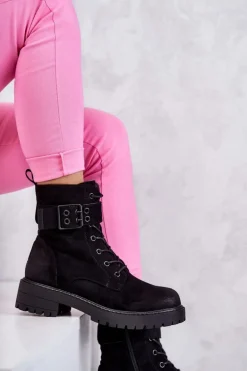 Damskie Botki Zamszowe Sznurowane Na Płaskim Obcasie Czarne Firmina