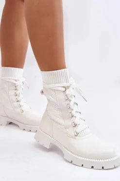 Damskie Botki Ze Skarpetą Sznurowane Białe Gentiana